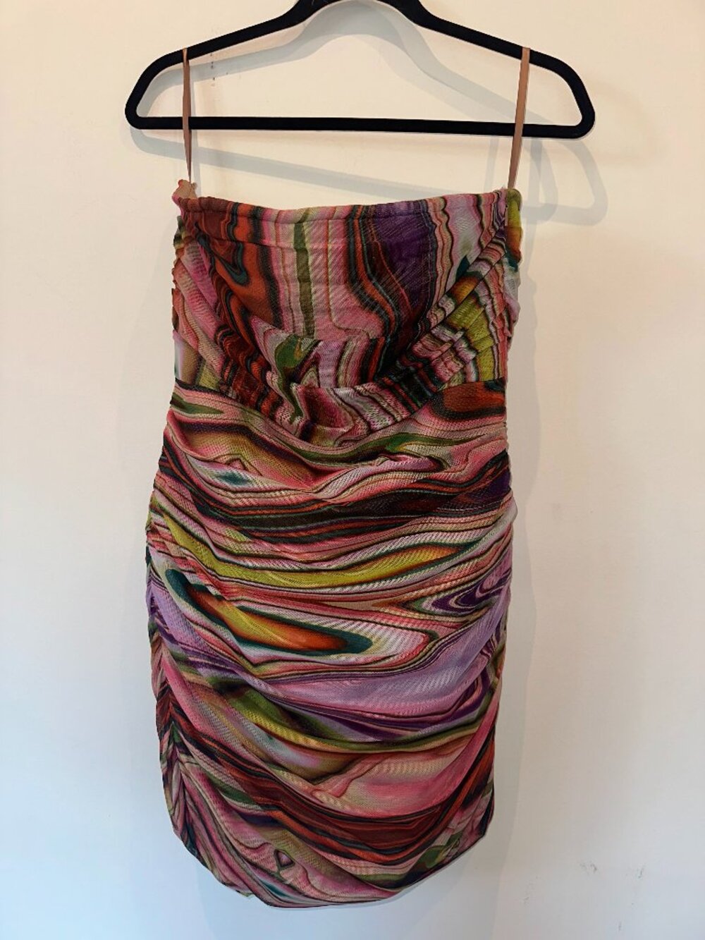 Elliatt Multicolored Abstract Swirl Ruched Strapless Mini Dress